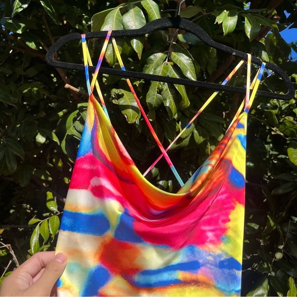 NWT COSEL rainbow multicolor tie dye print draped sleeveless midi dress - Picture 2 of 5